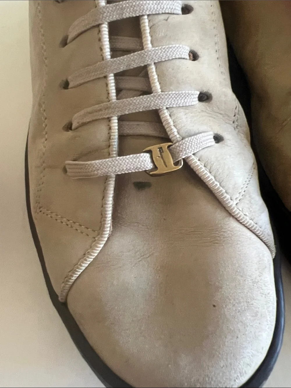 Salvatore Ferragamo Taupe Suede Sneakers with Gold Logo Accent